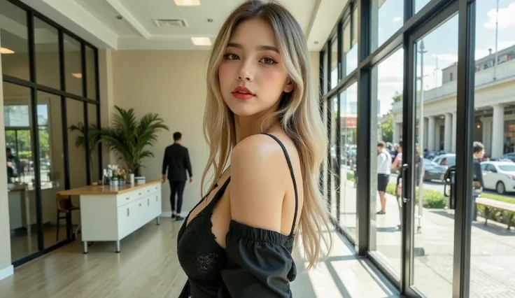high saturated and colored photo, full body shot, realistic photography photo of sexy seductive woman with long, wavy blond hair, makeup, red shiny lipstick, (blond hair) , (sexy makeup , eyeliner , long eyelashes),
Create a striking, bright image that con...
