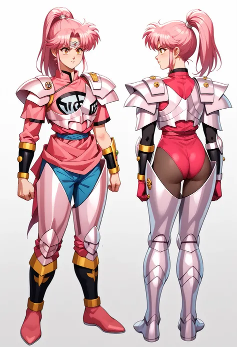 score_9, score_8_up, score_7_up,anime coloring,BREAK,retro artstyle,1980s style,dai no daibouken,1girl,armorMaam, pink hair, orange eyes, ponytail,full body,BREAK,(armored dress, pink armor, armored legwear, single gauntlet),BREAK,multiple views of the sam...