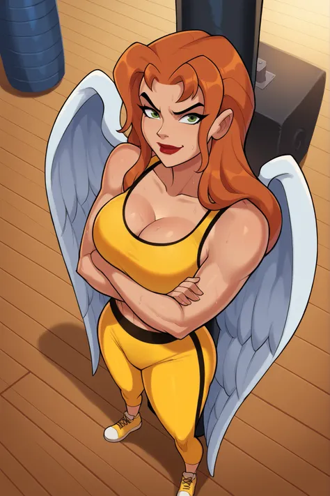 score_9, score_8_up, score_7_up, score_6_up, BREAK, safe_pos, 1girl, solo, shayera hol, angel wings, feathered wings, wings, long hair, green eyes, lipstick, makeup, large breasts, cleavage, curvy, athletic, arms crossed, crossed arms, looking at viewer, s...