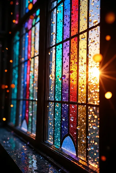 stained-glass window covered in rain droplets, vibrant colors, focus on droplets, 4k, photorealistic, intricate details, high resolution, dramatic lighting, bokeh, glass texture, wet surface, glistening droplets, reflective raindrops, cathedral interior, s...