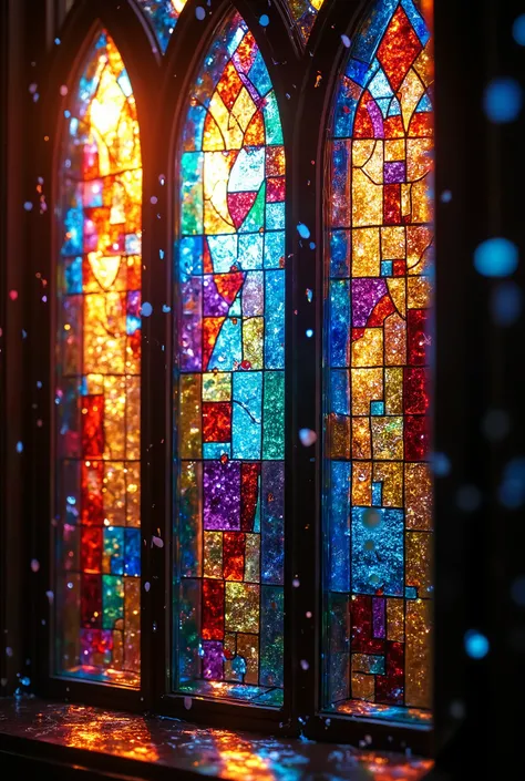 stained-glass window covered in rain droplets, vibrant colors, focus on droplets, 4k, photorealistic, intricate details, high resolution, dramatic lighting, bokeh, glass texture, wet surface, glistening droplets, reflective raindrops, cathedral interior, s...