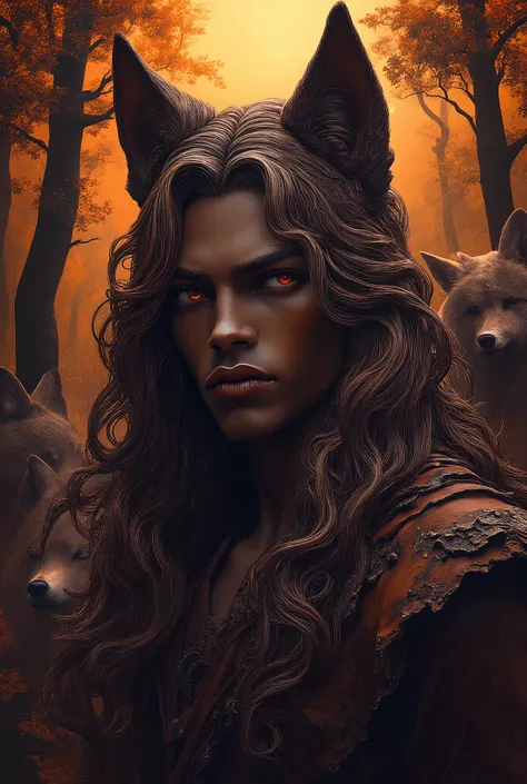 a Masterpiece, zoomed out, face facing the front of the camera, body facing camera image of a Man with brown toned skin, no facial hair, he has rapunzel like hair it’s very long thick wavy waist length hair passing down his back and it’s light brown hair p...