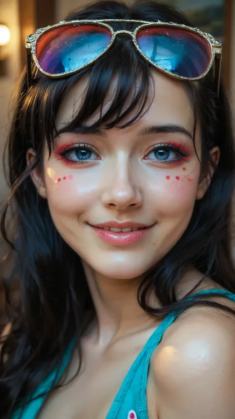 2D, anime, anime style, solo female, medium shot, close-up on face, highly detailed face, looking at viewer, soft smile, expressive blue eyes, straight nose, delicate features, subtle makeup, black hair with soft highlights, sunglasses resting on head, (ma...