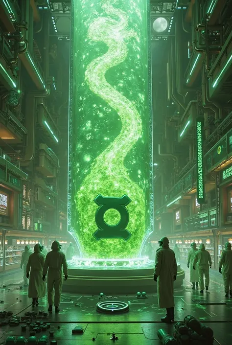 Future Matcha mystery machine, green lantern research matcha making formula, 3d or 4c picture, inlaying a lot colorful jadeite pearl