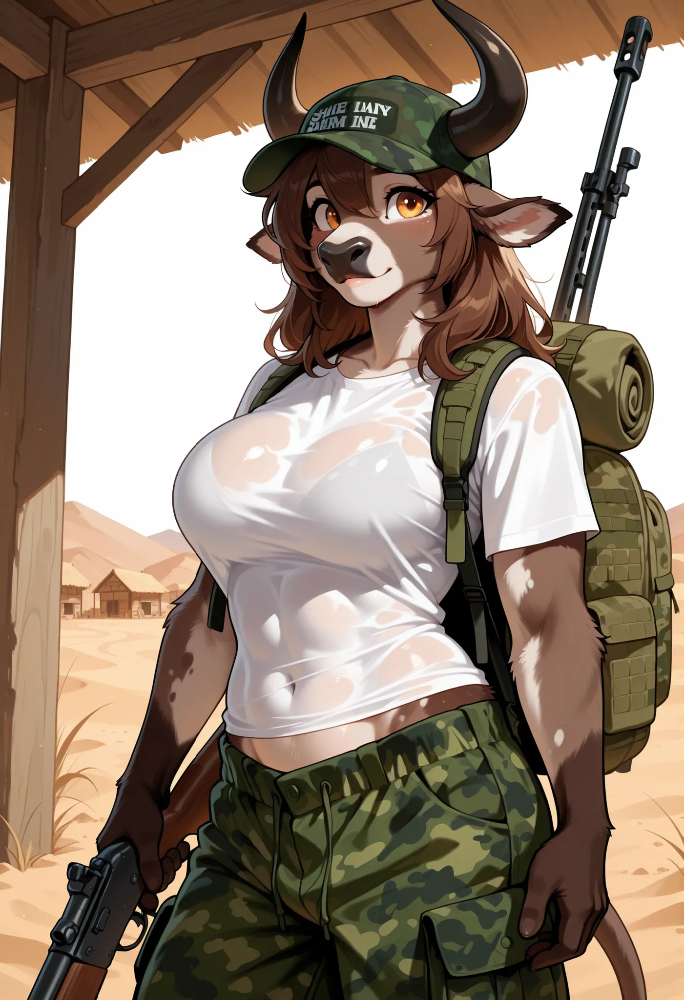 (Masterpiece) (High Detail) (High Res) A tall, muscular Anthro Bull Bovine Furry Female with brown Fur and long brown hair and a hard abs and firm muscles and a black cow nose and orange eyes and bovine ears and large horns. She is wearing a camouflage mil...