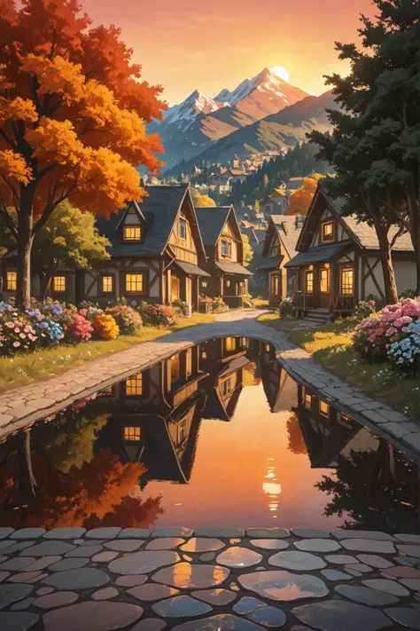 a small village by the river, mountains in the background, floral flowers colorful, detailed landscape, Beautiful natural landscapes, atmospheric lighting, scorching sunset, warm colours, practical, photopractical, Detailed Foliage, complex buildings, cobb...