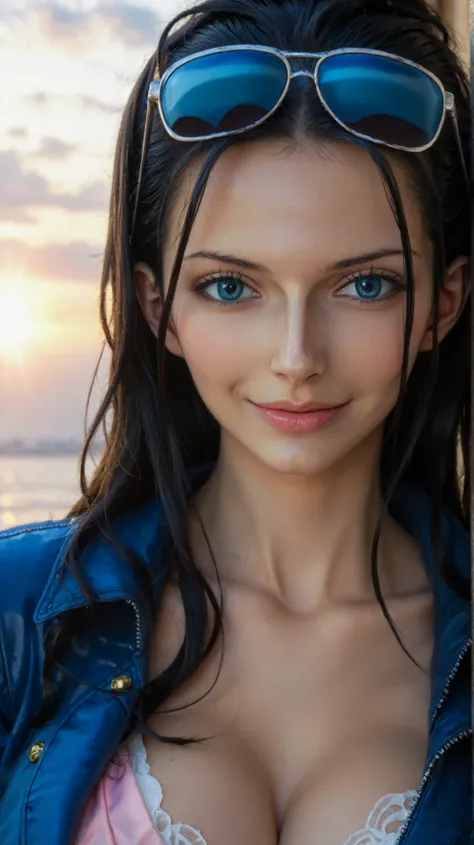 2D, anime, anime style, intellectual suit, one girl, lone woman, long hair, breasts, looking at viewer, smile, large breasts, black hair, blue eyes, sunglasses, blue jacket, black top, pink sarong, (masterpiece), (best quality), extremely detailed, waterco...