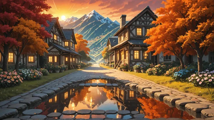 a small village by the river, mountains in the background, floral flowers colorful, detailed landscape, Beautiful natural landscapes, atmospheric lighting, scorching sunset, warm colours, practical, photopractical, Detailed Foliage, complex buildings, cobb...
