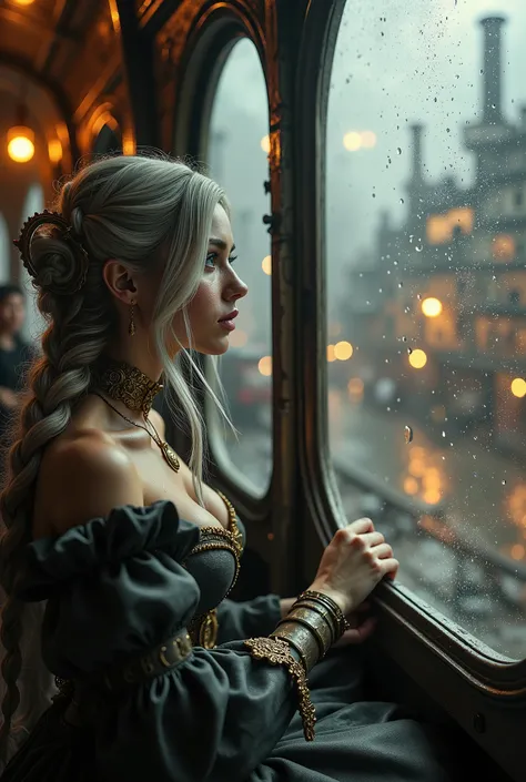 A beautiful silver-haired girl with long braided hair, sitting inside a vintage horse-drawn carriage from the Industrial Revolution era, styled in elegant and detailed steampunk fashion. She gazes thoughtfully out of a fogged glass window covered in rain d...