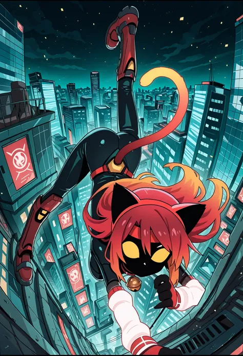 masterpiece, best quality, amazing quality, Anime Screencap. BREAK. 1girl, long_hair, black_hair, multicolored_hair, red_hair, cat_ears, headband, red_headband, yellow_eyes, glowing_eyes, mischievous_smile, cat_tail, multiple_tails, fingerless_gloves, red_...
