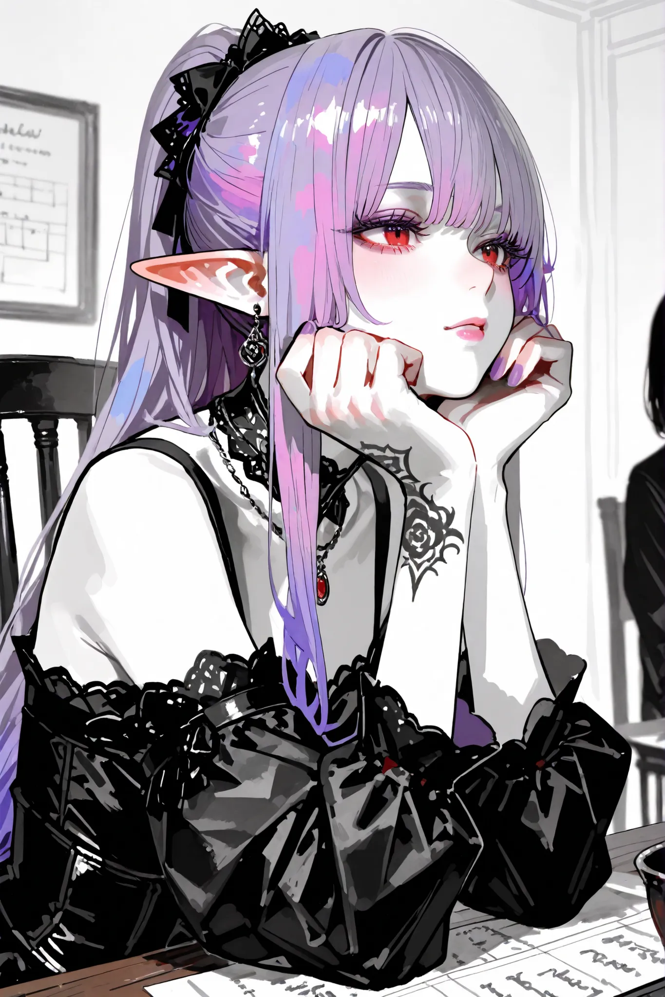A girl in a medieval study sitting on a chair,Chin resting on hands,Elbows on a table", masterpiece,best quality,super resolution,realistic,8K ultra-high definition,super detailed,depth of field,alone,and look at the audience, bangs,Blue purple hair,long ...