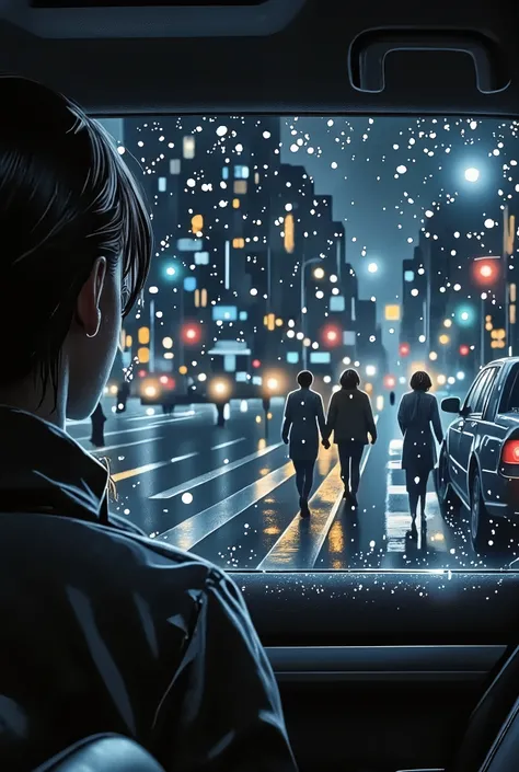 ((( From inside the car driver waits for traffic signs to open it is raining , movement of people on the crosswalk in front of the vehicle blurred vision in the external environment only the reflection and shadow of people passing by , emphasizing raindrop...