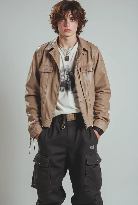  A young man dressed in an alternative look inspired by the 2000s .  He wears a white short sleeve t-shirt with a print Worn out of a rock band or abstract symbol in black,  under a light brown synthetic leather jacket with zipper details and silver pockets . The pants are black cargo  , baggy,  large pockets and some frayed details at the bottom .  She wears a black canvas belt with a square metal buckle .  Accessories include a necklace with a military plate pendant ,  a braided leather strap and an aged metal watch .  On the feet, She wears black high-top sneakers , with a worn look.  Her hair is a bit long and disheveled ,  with a relaxed style that complements the rebellious air and casual jacket 