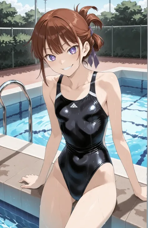 A slender woman with very short red-brown hair tied back, violet eyes, sly grin, wearing a black one-piece swimsuit, outside by a pool, in full view in a highly detailed anime style