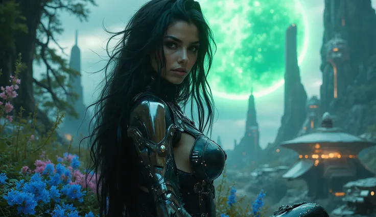 Create a Hyper realistic Latin biotype woman, brunette beautiful woman, brown eyes, black bright messy long hair blue luminescence, long hair, (((she wears a futuristic solid metallic suit with reflections and blue luminescence, technological details alon...