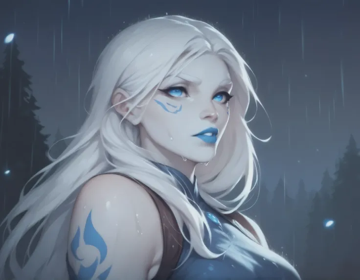 Jarael, alabaster white skin, blue tattoos, facial mark, blue lips, wearing loose warrior robes, in a forest at night, night-time, very detailed, dark and moody lighting, walking in the rain, wet hair, wet clothes