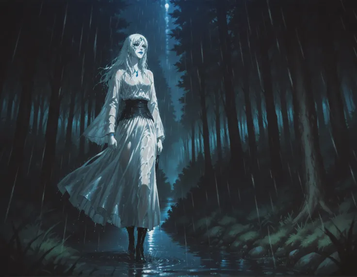 Jarael, alabaster white skin, blue tattoos, facial mark, blue lips, wearing warrior robes, in a forest at night, night-time, very detailed, dark and moody lighting, walking in the rain, wet hair, wet clothes