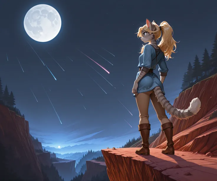 , masterpiece, best quality, amazing quality, toony, katxl, blonde hair down, anthro furry feline, grey striped body, slender body, blue eyes, small breasts, long blonde hair, hair in ponytail, grey striped fur, cat tail. wearing blue tunic, brown pants, ...