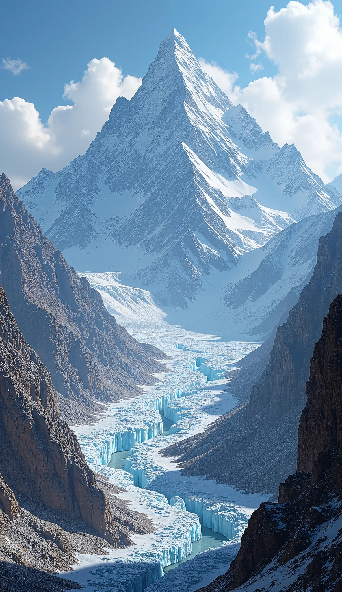 I'm imagining、Mchuchish(Muchu Chhish)and Mount Batula V(Batura V)towering majestically along with glaciers{x}belongs to the Batullah Mustag Mountains in Pakistan's Karakoram Mountains（It rises majestically with an elevation of 7,000 meters）In the mountains of、未登頂In the mountains of、glaciers.。