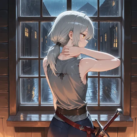 (masterpiece:1.2, Best Quality), (finely detailed beautiful eye: 1.2), (beautiful detailed face), solo,close up, backshot, looking completely away, from behind, upper body, standing, close up, messy hair, yellow eyes, hand behind neck, long hair, gray hair...