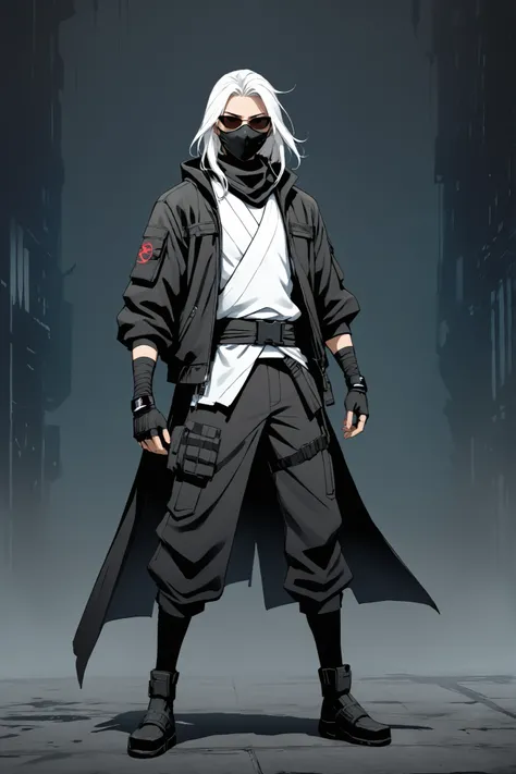 tall, fullbody, ninja, witch robe, Black tactical jacket, gloved hands, masked face, Shades, white dyed hair, medium middle part down hair, dark cyberpunk backdrop, plain right arm band