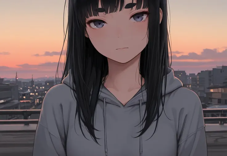 ((solo)), upper body, amazing masterpiece, top quality, high fashion, absurdres extremely, close up, HDR, intricate details, vivid colors, very cute girl, long hair, jet black hair, blunt bags, ShibaEyebrows, hoodie, upper body