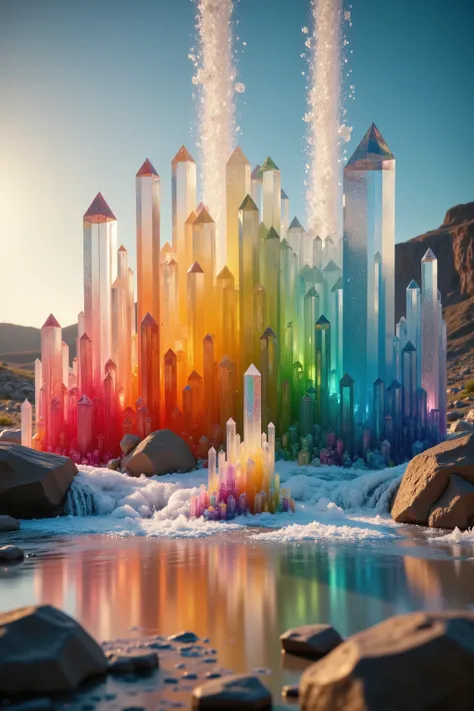 a close up of a waterfall within a waterfall and a waterfall surrounded by giant clear and colorful crystals, magic crystal stalagmites, intricate and very complex crystal environment, colorful crystals, colourful 3 d crystals, colourful 3 d crystals and g...