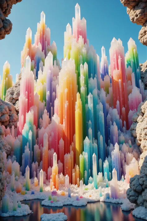 a close up of a waterfall within a waterfall and a waterfall surrounded by giant clear and colorful crystals, magic crystal stalagmites, intricate and very complex crystal environment, colorful crystals, colourful 3 d crystals, colourful 3 d crystals and g...