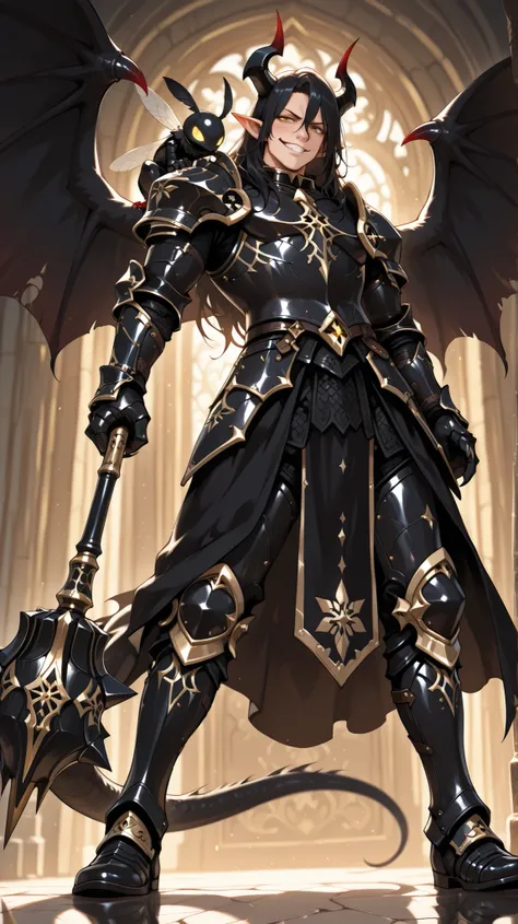 (masterpiece, best quality: 1. 5), highres, 8K, CG, (((Anime))), (1 male), lean body, ((masculine)), (floating in the air), weredragon, japanese anime style, glossy black, shiny black leather, ((beautiful golden eyes, finely detailed eyes, bright eyes, ver...
