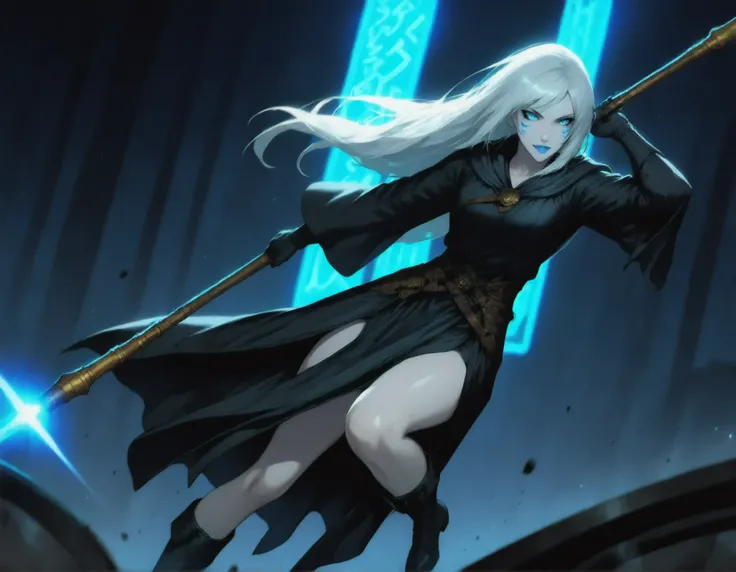 1girl, on the middle of the image, holding a shockstaff, long white hair, Jarael, alabaster white skin, blue tattoos, facial mark, blue lips, wearing loose warrior robes, slight smile, bare legs, boots, dark, illuminated by bright neon lights in background...