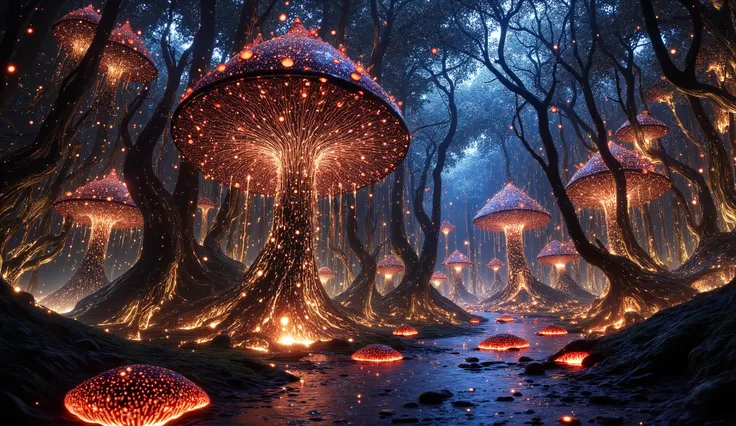 A futuristic elven civilization living in harmony with nature on an alien planet — elegant, ethereal elves with advanced technology integrated into organic structures. Their architecture blends seamlessly into the environment, with sleek bioluminescent tow...