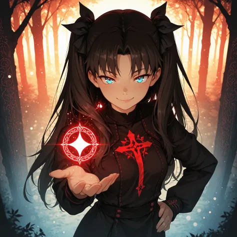 Ultra detailed anime illustration of Rin Tohsaka standing in a mystical forest at twilight, cinematic lighting, glowing magic particles around her, confident seductive smile, dramatic backlight casting a rim light on her silhouette, Canon 85mm lens, shallo...