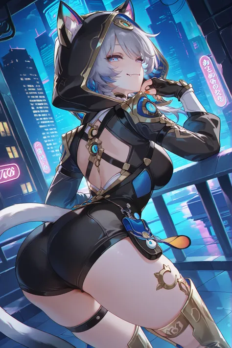 Cipher \(honkai_star_rail\), masterpiece, solo, 1girl, NSFW , chromatic aberration, extremely detailed face, detailed eyes, Greatest Masterpiece, TOP QUALITY, 8k,fingerless gloves , hood , looking at viewer , single thigh strap , medium breasts , hood up ,...