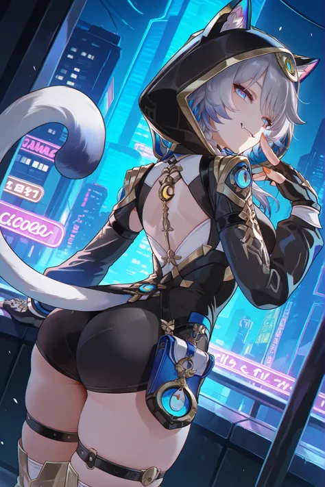 Cipher \(honkai_star_rail\), masterpiece, solo, 1girl, NSFW , chromatic aberration, extremely detailed face, detailed eyes, Greatest Masterpiece, TOP QUALITY, 8k,fingerless gloves , hood , looking at viewer , single thigh strap , medium breasts , hood up ,...