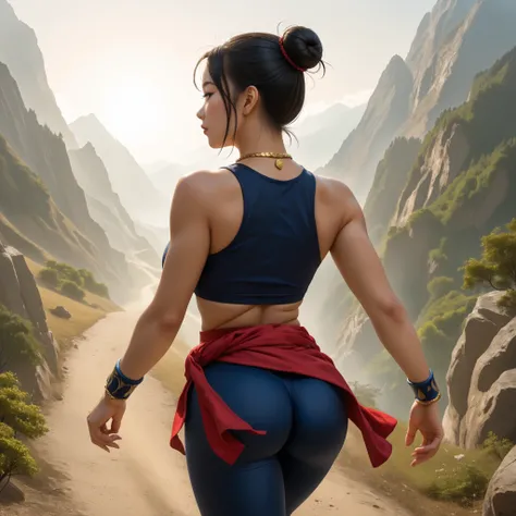 score_9, asian martial artist, beautiful asian woman, tan skin, black eyes, black hair in a high bun, left and right side highlights, dark blue sleeveless crop top, cleavage on the breasts, underboob showing, dark blue leggings, red sash with gold details ...