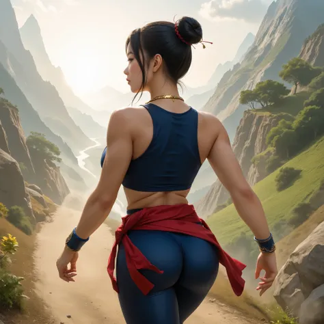 score_9, asian martial artist, beautiful asian woman, tan skin, black eyes, black hair in a high bun, left and right side highlights, dark blue sleeveless crop top, cleavage on the breasts, underboob showing, dark blue leggings, red sash with gold details ...