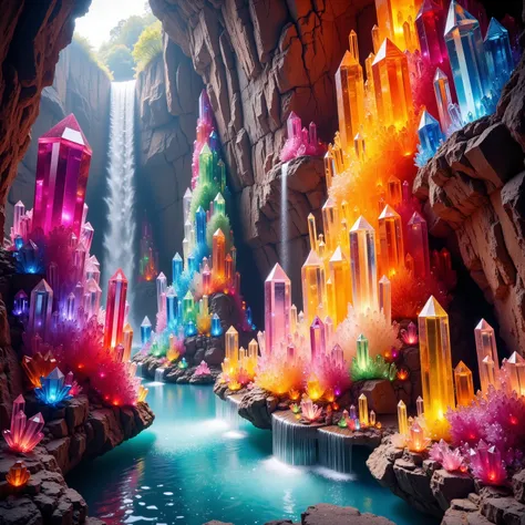 a close up of a waterfall within a waterfall and a waterfall surrounded by giant clear, colorful, quartz crystals, hot colored water geyser, magic translucent crystal stalagmites, intricate and very detailed crystal environment, colorful crystals, colour...