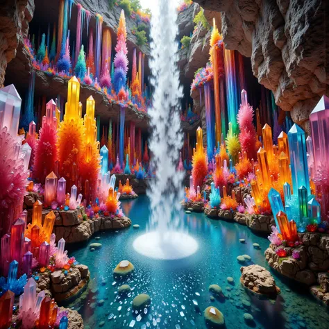 a close up of a waterfall within a waterfall and a waterfall surrounded by giant clear, colorful, quartz crystals, hot colored water geyser, magic translucent crystal stalagmites, intricate and very detailed crystal environment, colorful crystals, colour...