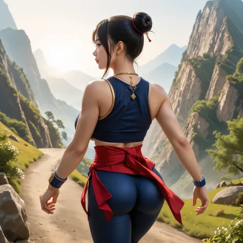 score_9, asian martial artist, beautiful asian woman, tan skin, black eyes, black hair in a high bun, left and right side highlights, dark blue sleeveless crop top, cleavage on the breasts, underboob showing, dark blue leggings, red sash with gold details ...