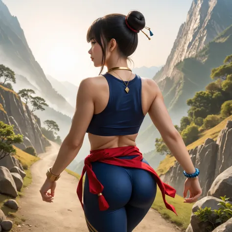 score_9, asian martial artist, beautiful asian woman, tan skin, black eyes, black hair in a high bun, left and right side highlights, dark blue sleeveless crop top, cleavage on the breasts, underboob showing, dark blue leggings, red sash with gold details ...