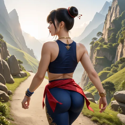 score_9, asian martial artist, beautiful asian woman, tan skin, black eyes, black hair in a high bun, left and right side highlights, dark blue sleeveless crop top, cleavage on the breasts, underboob showing, dark blue leggings, red sash with gold details ...