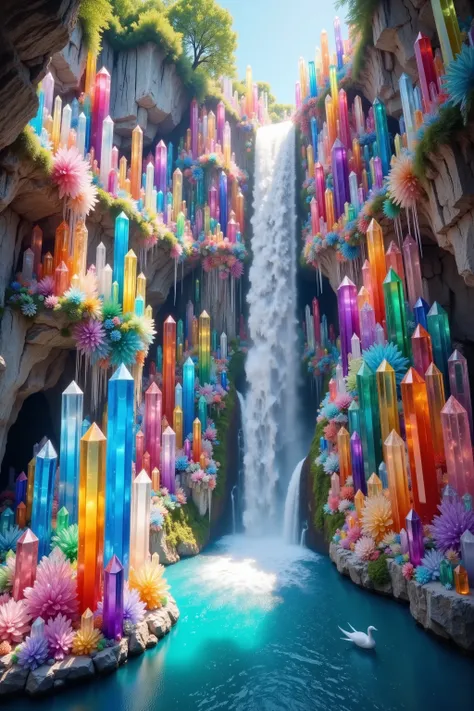a close up of a waterfall within a waterfall and a waterfall surrounded by giant clear, colorful, quartz crystals, hot colored water geyser, magic translucent crystal stalagmites, intricate and very detailed crystal environment, colorful crystals, colour...