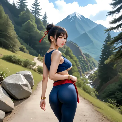 score_9, asian martial artist, beautiful asian woman, tan skin, black eyes, black hair in a high bun, left and right side highlights, dark blue sleeveless crop top, cleavage on the breasts, underboob showing, dark blue leggings, red sash with gold details ...