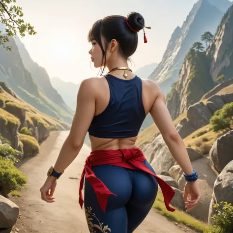 score_9, asian martial artist, beautiful asian woman, tan skin, black eyes, black hair in a high bun, left and right side highlights, dark blue sleeveless crop top, cleavage on the breasts, underboob showing, dark blue leggings, red sash with gold details ...