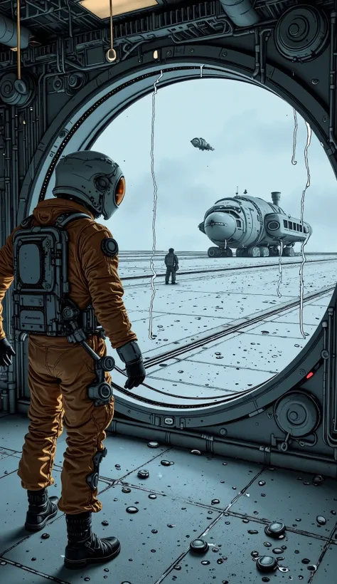 The lunar surface has become a rainy military base. Numerous space weapons roar from the runway. A marshal in a combat suit guides them. Beautiful architecture. The entire scene is seen through the round window of a spacecraft, (((water droplets dripping d...