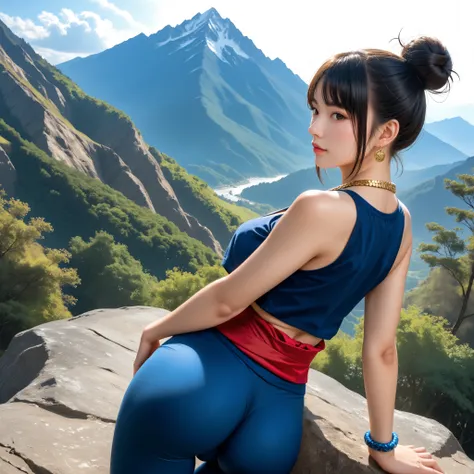score_9, asian martial artist, beautiful asian woman, tan skin, black eyes, black hair in a high bun, left and right side highlights, dark blue sleeveless crop top, cleavage on the breasts, underboob showing, dark blue leggings, red sash with gold details ...