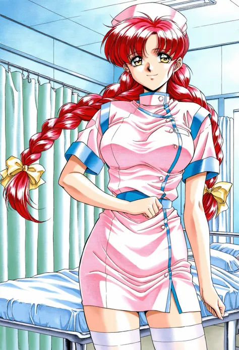 Score_9, score_8_up, score_7_up, source_anime, Makino_Rie(Nonomura_Hospital_PC98), 1girl, solo, red hair, twin braids, yellow eyes, bangs, large breasts, (best quality), (high quality), {masterpiece}, extremely delicate and beautiful, ultra-detailed, beaut...