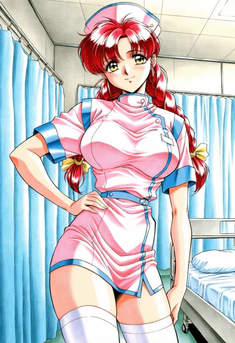 Score_9, score_8_up, score_7_up, source_anime, Makino_Rie(Nonomura_Hospital_PC98), 1girl, solo, red hair, twin braids, yellow eyes, bangs, large breasts, (best quality), (high quality), {masterpiece}, extremely delicate and beautiful, ultra-detailed, beaut...