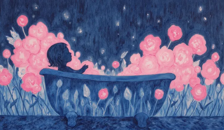 surreal fantasy, flat design,  A silhouette of a girl in a bathtub, neon foam flowers are coming out of the bathtub., inspired by abstratc paint patterns, patterns, fantasy, 8k, reflections , acrylic art, flat design