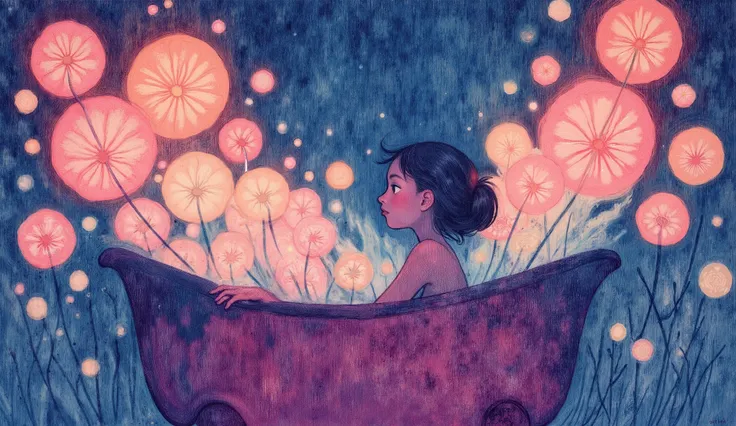 surreal fantasy, flat design,  A silhouette of a girl in a bathtub, neon foam flowers are coming out of the bathtub., inspired by abstratc paint patterns, patterns, fantasy, 8k, reflections , acrylic art, flat design